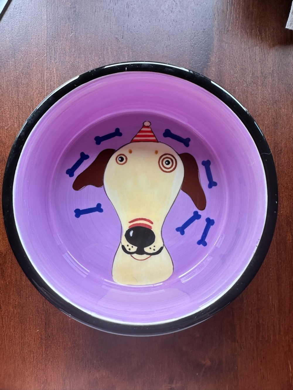 Sharon Bloom hand painted dog bowl with party hat and bones. Harlequin exterior